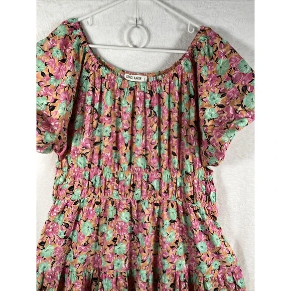 Grace Karin Floral Tiered Maxi Dress 2XL Plus Bubble Sleeve Cottagecore Romantic - Picture 3 of 11